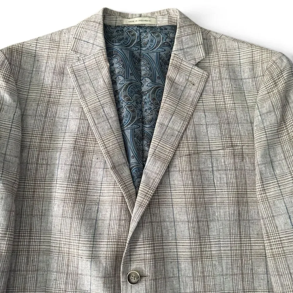 Joseph Abboud Paisley Linen Blazer Men 44S Slim Tan Plaid 2 Button Sport Coat